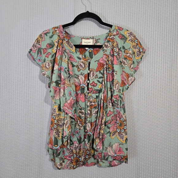 Haute Hippie Tops - Haute Hippie Floral Button Up Flouncy Boho Frilly V-Cut Summer Blouse Top